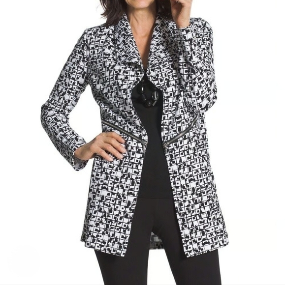 Chico's Black White Artisan Geometric Tiles Open Front Blazer Jacket S - Picture 1 of 10